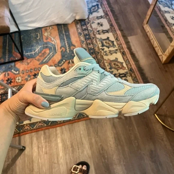 New Balance 9060 Cream and Blue Athletic Shoes - Picture 4 of 5
